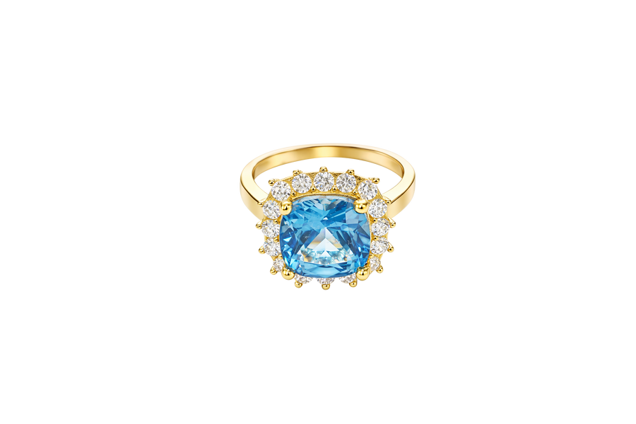 14KT Gold Ring Women's Square Jumbo Turquoise Center CZ Stone with Round White CZ Stones Border and Plain Band