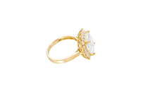 14KT Gold Ring Women's Square Jumbo White Center CZ Stone with Round White CZ Stones Border and Plain Band