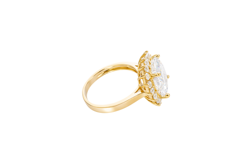 14KT Gold Ring Women's Square Jumbo White Center CZ Stone with Round White CZ Stones Border and Plain Band