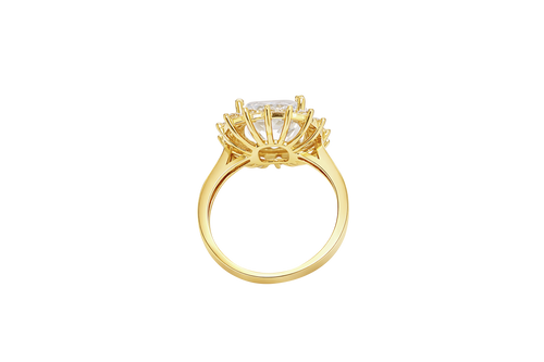 14KT Gold Ring Women's Square Jumbo White Center CZ Stone with Round White CZ Stones Border and Plain Band