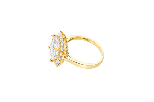 14KT Gold Ring Women's Square Jumbo White Center CZ Stone with Round White CZ Stones Border and Plain Band