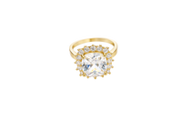 14KT Gold Ring Women's Square Jumbo White Center CZ Stone with Round White CZ Stones Border and Plain Band