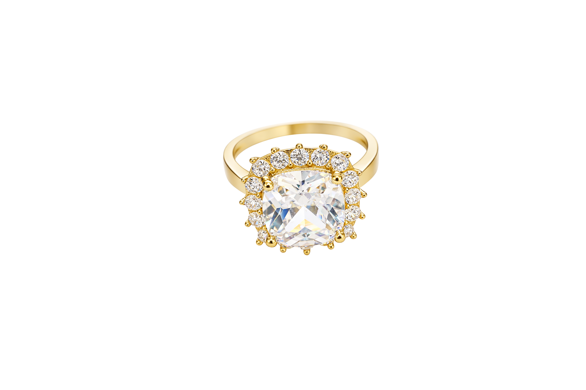 14KT Gold Ring Women's Square Jumbo White Center CZ Stone with Round White CZ Stones Border and Plain Band
