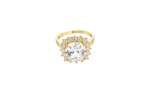 14KT Gold Ring Women's Square Jumbo White Center CZ Stone with Round White CZ Stones Border and Plain Band