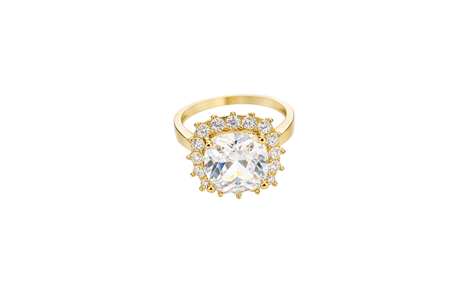 14KT Gold Ring Women's Square Jumbo White Center CZ Stone with Round White CZ Stones Border and Plain Band