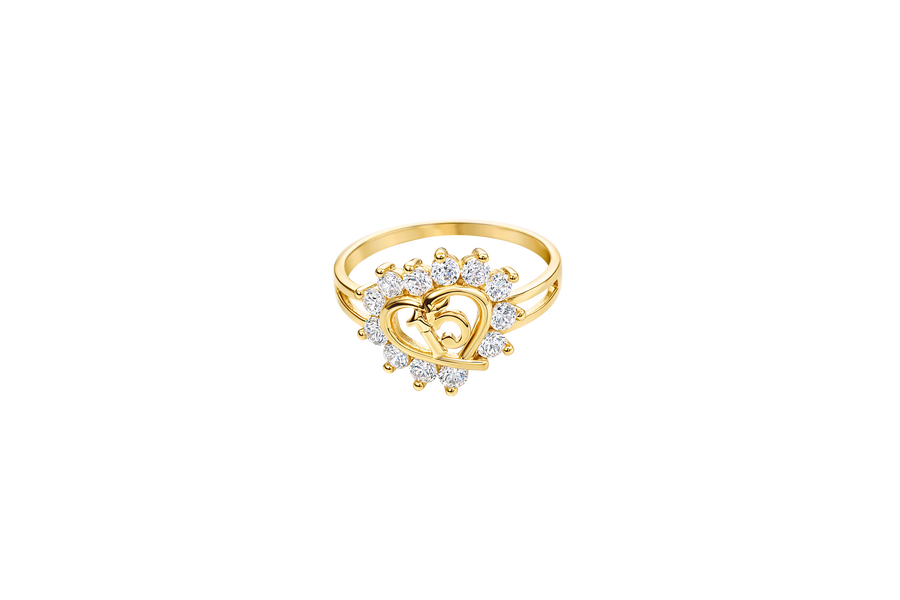 14KT Gold Ring Women's Tilted Open Heart 15 Quince with White CZ Stone Border Split Band