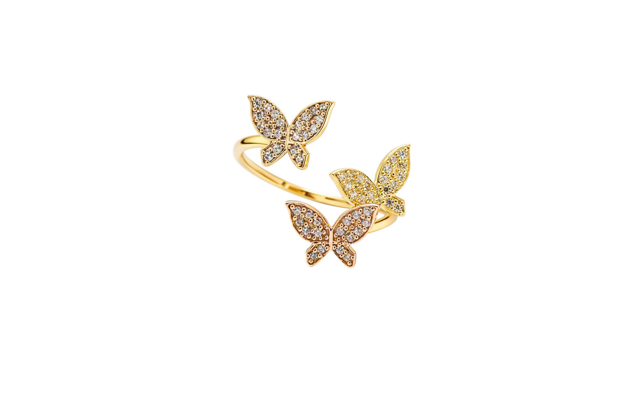 14KT Gold Ring Women's Three Tri Tone White CZ Butterfly Shapes Plain Split Bypass Band