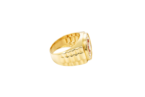 14KT Gold Ring Men's Round White CZ Center Stone Plain Border on Red Onyx Background with White CZ Stones Border Side Design Jubilee