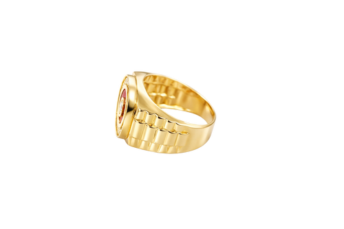 14KT Gold Ring Men's Round White CZ Center Stone Plain Border on Red Onyx Background with White CZ Stones Border Side Design Jubilee