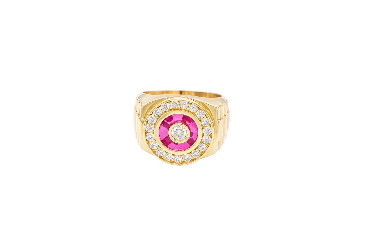 14KT Gold Ring Men's Round White CZ Center Stone Plain Border on Red Onyx Background with White CZ Stones Border Side Design Jubilee