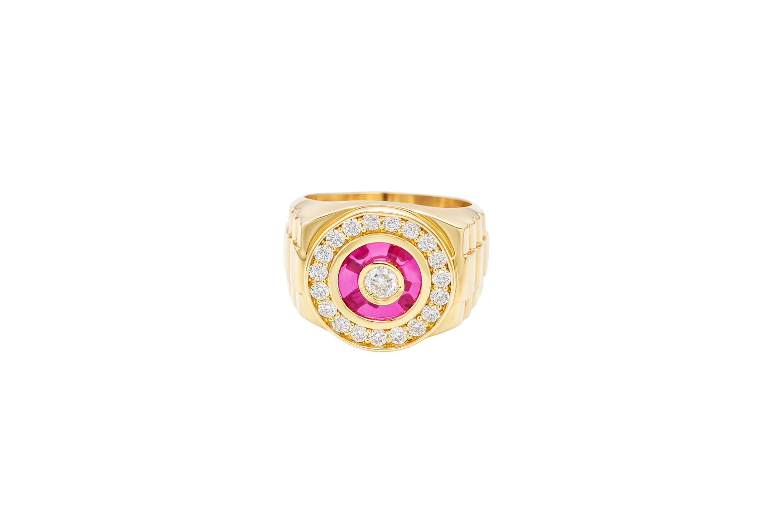 14KT Gold Ring Men's Round White CZ Center Stone Plain Border on Red Onyx Background with White CZ Stones Border Side Design Jubilee