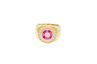 14KT Gold Ring Men's Round White CZ Center Stone Plain Border on Red Onyx Background with White CZ Stones Border Side Design Jubilee