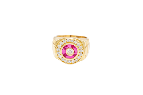 14KT Gold Ring Men's Round White CZ Center Stone Plain Border on Red Onyx Background with White CZ Stones Border Side Design Jubilee