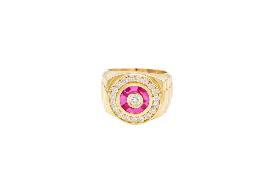 14KT Gold Ring Men's Round White CZ Center Stone Plain Border on Red Onyx Background with White CZ Stones Border Side Design Jubilee