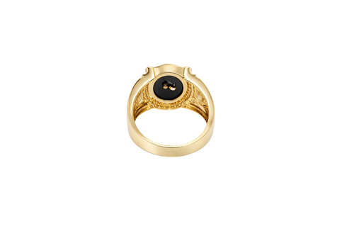 14KT Gold Ring Men's Oval Onyx Anchor/Heart/ Cross with White CZ Stones Border Side Design Chrome Style Cross on Shield