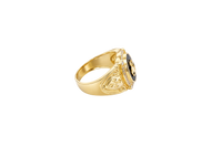 14KT Gold Ring Men's Oval Onyx Anchor/Heart/ Cross with White CZ Stones Border Side Design Chrome Style Cross on Shield