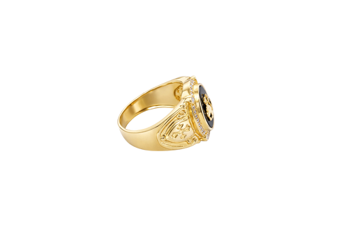 14KT Gold Ring Men's Oval Onyx Anchor/Heart/ Cross with White CZ Stones Border Side Design Chrome Style Cross on Shield
