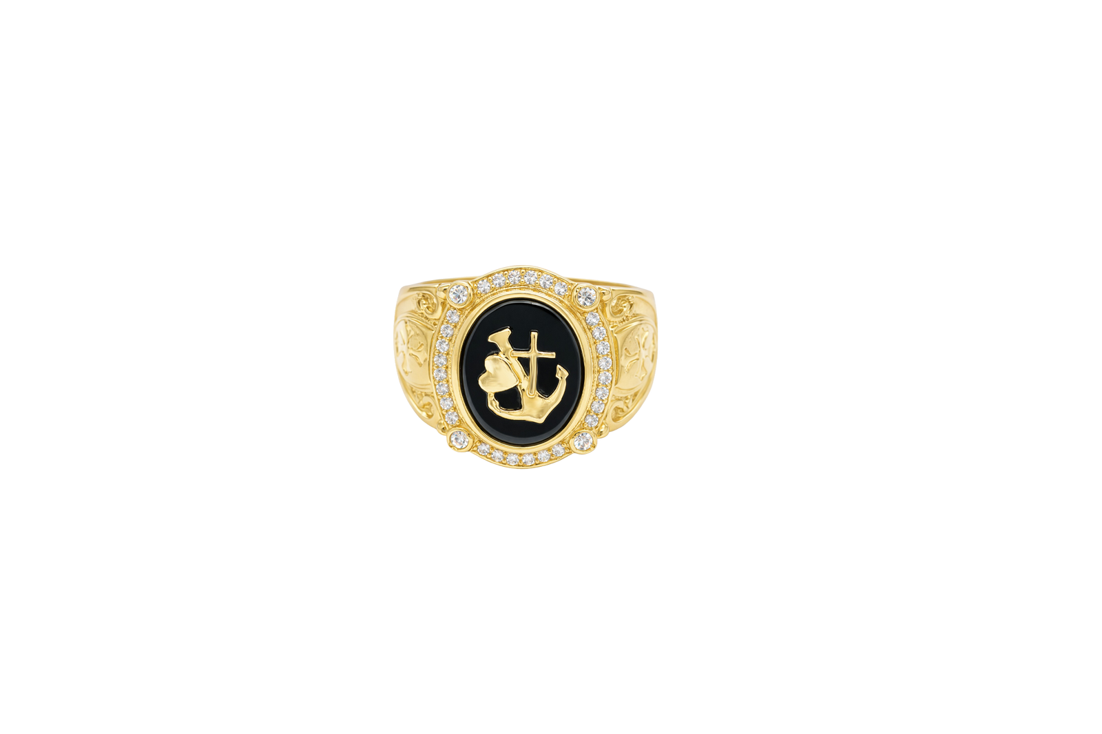 14KT Gold Ring Men's Oval Onyx Anchor/Heart/ Cross with White CZ Stones Border Side Design Chrome Style Cross on Shield
