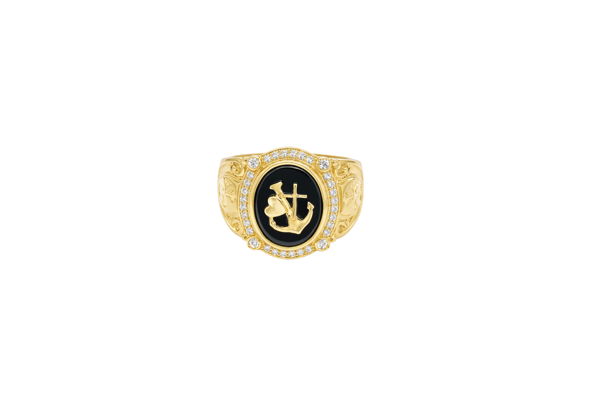 14KT Gold Ring Men's Oval Onyx Anchor/Heart/ Cross with White CZ Stones Border Side Design Chrome Style Cross on Shield