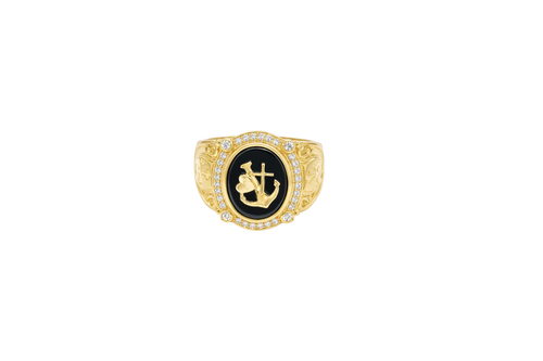 14KT Gold Ring Men's Oval Onyx Anchor/Heart/ Cross with White CZ Stones Border Side Design Chrome Style Cross on Shield