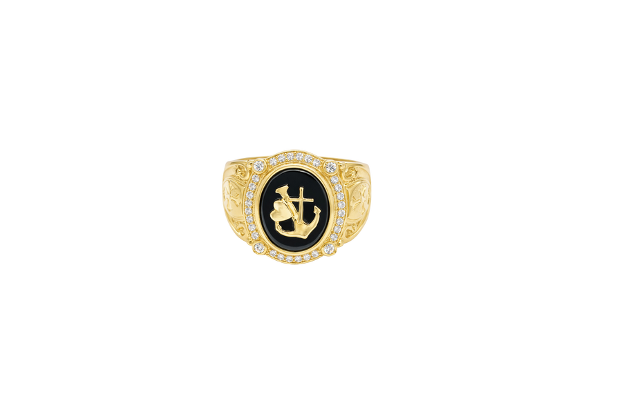 14KT Gold Ring Men's Oval Onyx Anchor/Heart/ Cross with White CZ Stones Border Side Design Chrome Style Cross on Shield