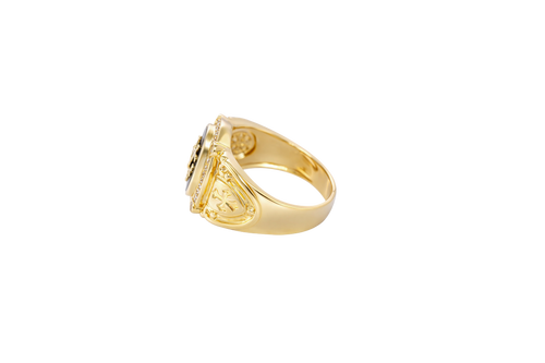 14KT Gold Ring Men's Oval Onyx Anchor/Heart/ Cross with White CZ Stones Border Side Design Chrome Style Cross on Shield
