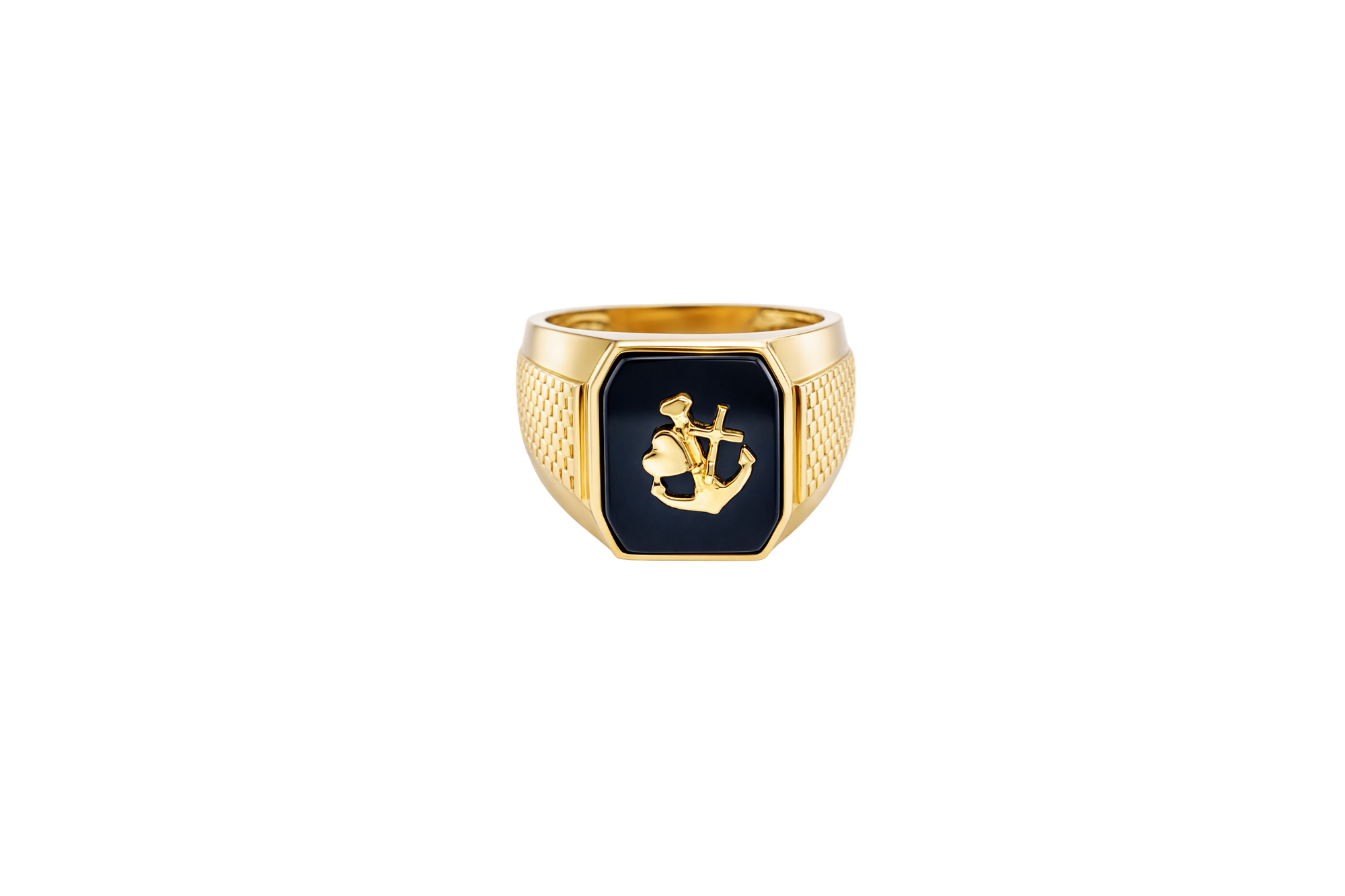 14KT Gold Ring Men's Jumbo Square Octagon Anchor/Heart/ Cross on Onyx Background with Plain Border Side Design Mock Watch Jubilee Band