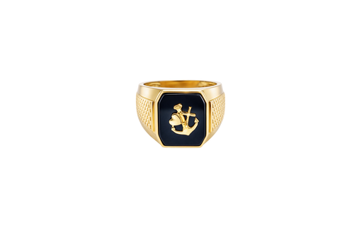 14KT Gold Ring Men's Jumbo Square Octagon Anchor/Heart/ Cross on Onyx Background with Plain Border Side Design Mock Watch Jubilee Band