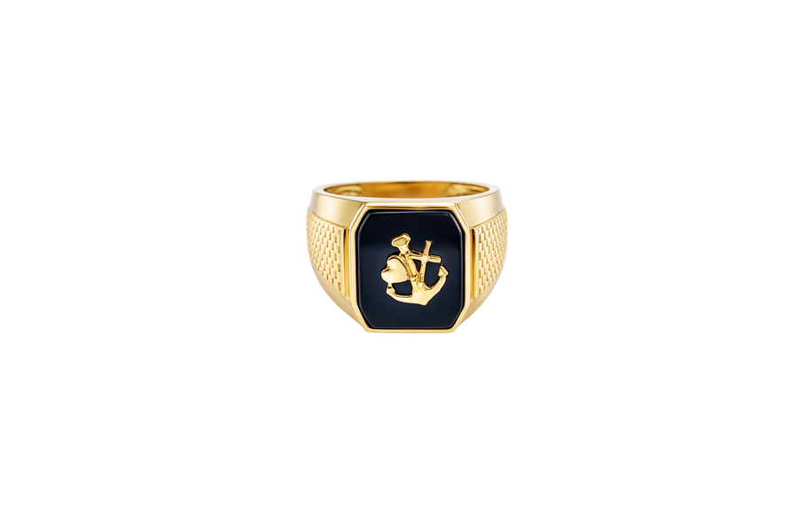 14KT Gold Ring Men's Jumbo Square Octagon Anchor/Heart/ Cross on Onyx Background with Plain Border Side Design Mock Watch Jubilee Band