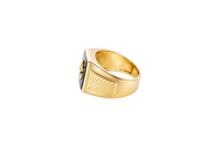 14KT Gold Ring Men's Jumbo Square Octagon Anchor/Heart/ Cross on Onyx Background with Plain Border Side Design Mock Watch Jubilee Band
