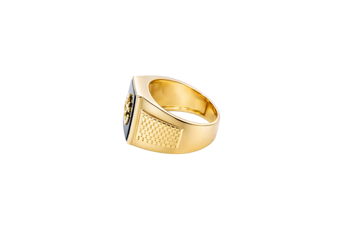 14KT Gold Ring Men's Jumbo Square Octagon Anchor/Heart/ Cross on Onyx Background with Plain Border Side Design Mock Watch Jubilee Band