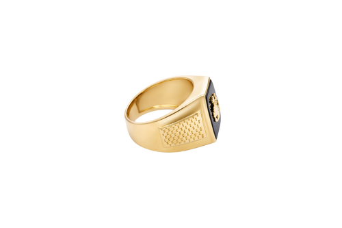 14KT Gold Ring Men's Jumbo Square Octagon Anchor/Heart/ Cross on Onyx Background with Plain Border Side Design Mock Watch Jubilee Band