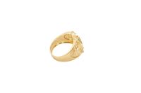 14KT Gold Ring Men's Oval Onyx Gold Raised Dollar Sign with White CZ Stones Border Side Design Chrome Style Cross on Shield