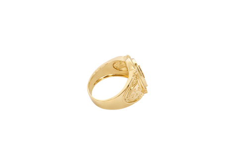 14KT Gold Ring Men's Oval Onyx Gold Raised Dollar Sign with White CZ Stones Border Side Design Chrome Style Cross on Shield