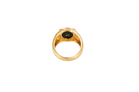14KT Gold Ring Men's Oval Onyx Gold Raised Dollar Sign with White CZ Stones Border Side Design Chrome Style Cross on Shield