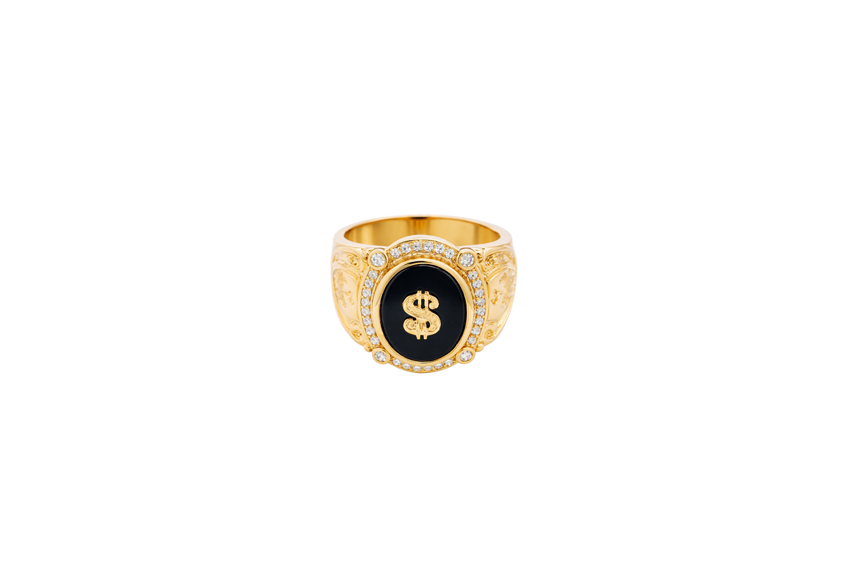 14KT Gold Ring Men's Oval Onyx Gold Raised Dollar Sign with White CZ Stones Border Side Design Chrome Style Cross on Shield