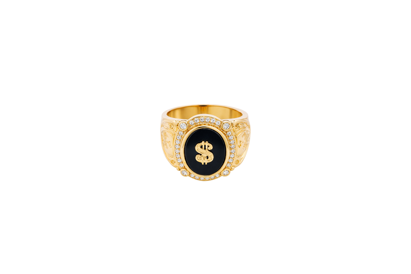 14KT Gold Ring Men's Oval Onyx Gold Raised Dollar Sign with White CZ Stones Border Side Design Chrome Style Cross on Shield