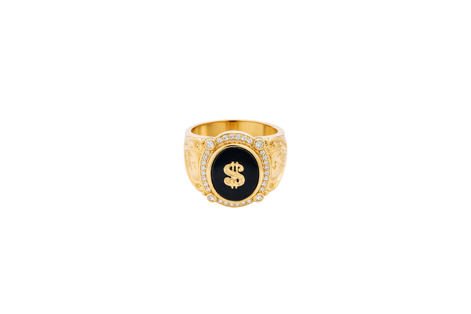 14KT Gold Ring Men's Oval Onyx Gold Raised Dollar Sign with White CZ Stones Border Side Design Chrome Style Cross on Shield