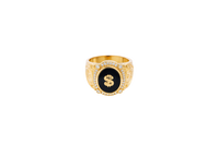 14KT Gold Ring Men's Oval Onyx Gold Raised Dollar Sign with White CZ Stones Border Side Design Chrome Style Cross on Shield