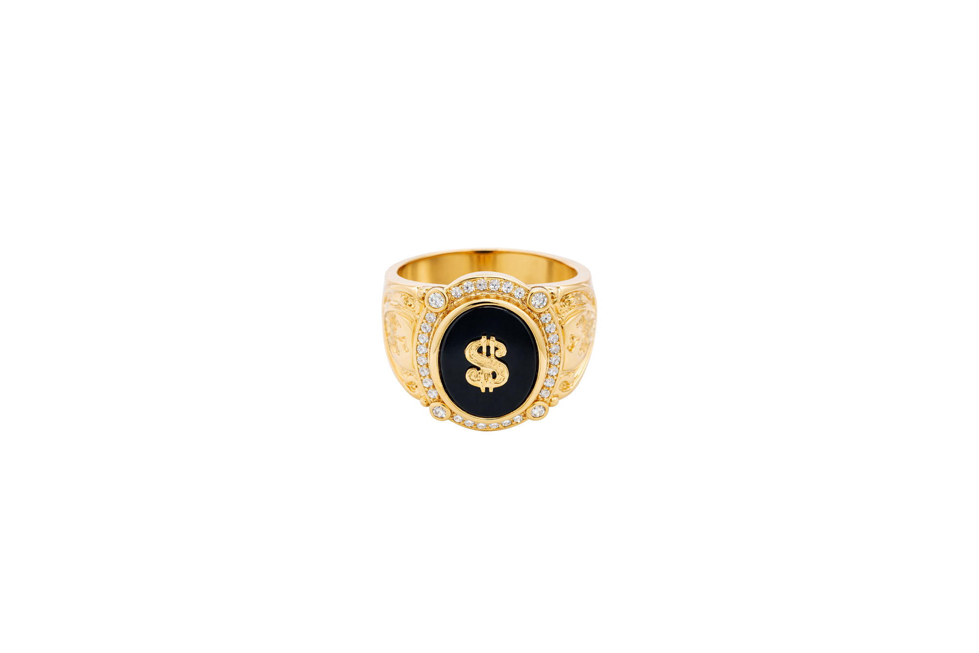14KT Gold Ring Men's Oval Onyx Gold Raised Dollar Sign with White CZ Stones Border Side Design Chrome Style Cross on Shield