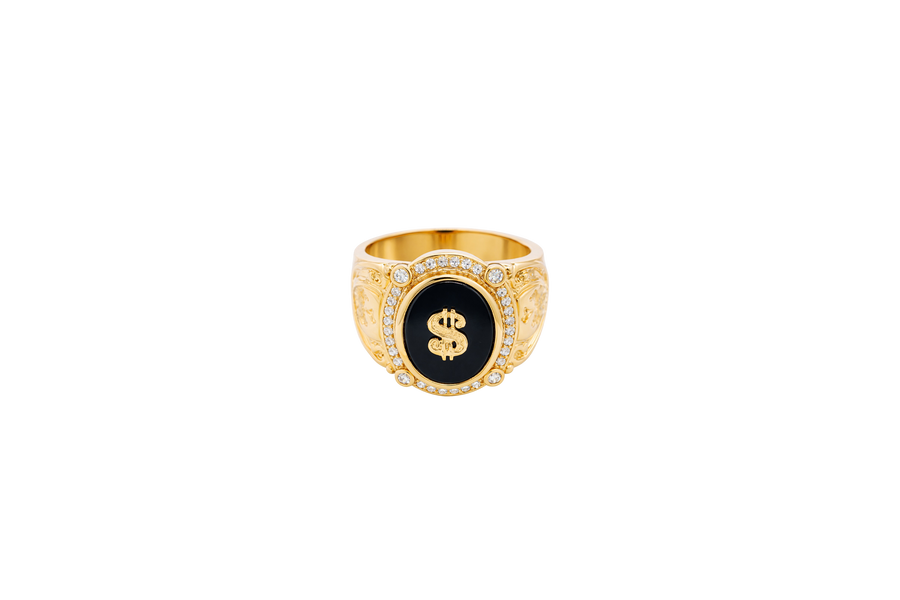 14KT Gold Ring Men's Oval Onyx Gold Raised Dollar Sign with White CZ Stones Border Side Design Chrome Style Cross on Shield