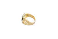 14KT Gold Ring Men's Oval Onyx Gold Raised Dollar Sign with White CZ Stones Border Side Design Chrome Style Cross on Shield