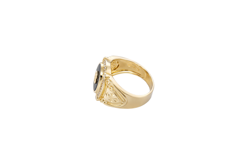 14KT Gold Ring Men's Oval Onyx Gold Raised Dollar Sign with White CZ Stones Border Side Design Chrome Style Cross on Shield