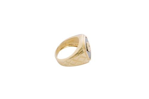 14KT Gold Ring Men's Square Onyx Four Fanned Playing Cards "Full House" Side Design Triple Stack Rhombus