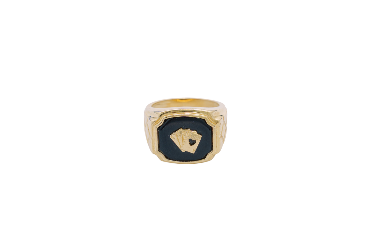 14KT Gold Ring Men's Square Onyx Four Fanned Playing Cards "Full House" Side Design Triple Stack Rhombus
