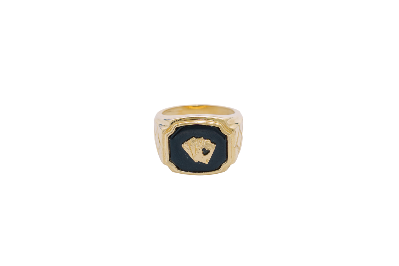 14KT Gold Ring Men's Square Onyx Four Fanned Playing Cards "Full House" Side Design Triple Stack Rhombus