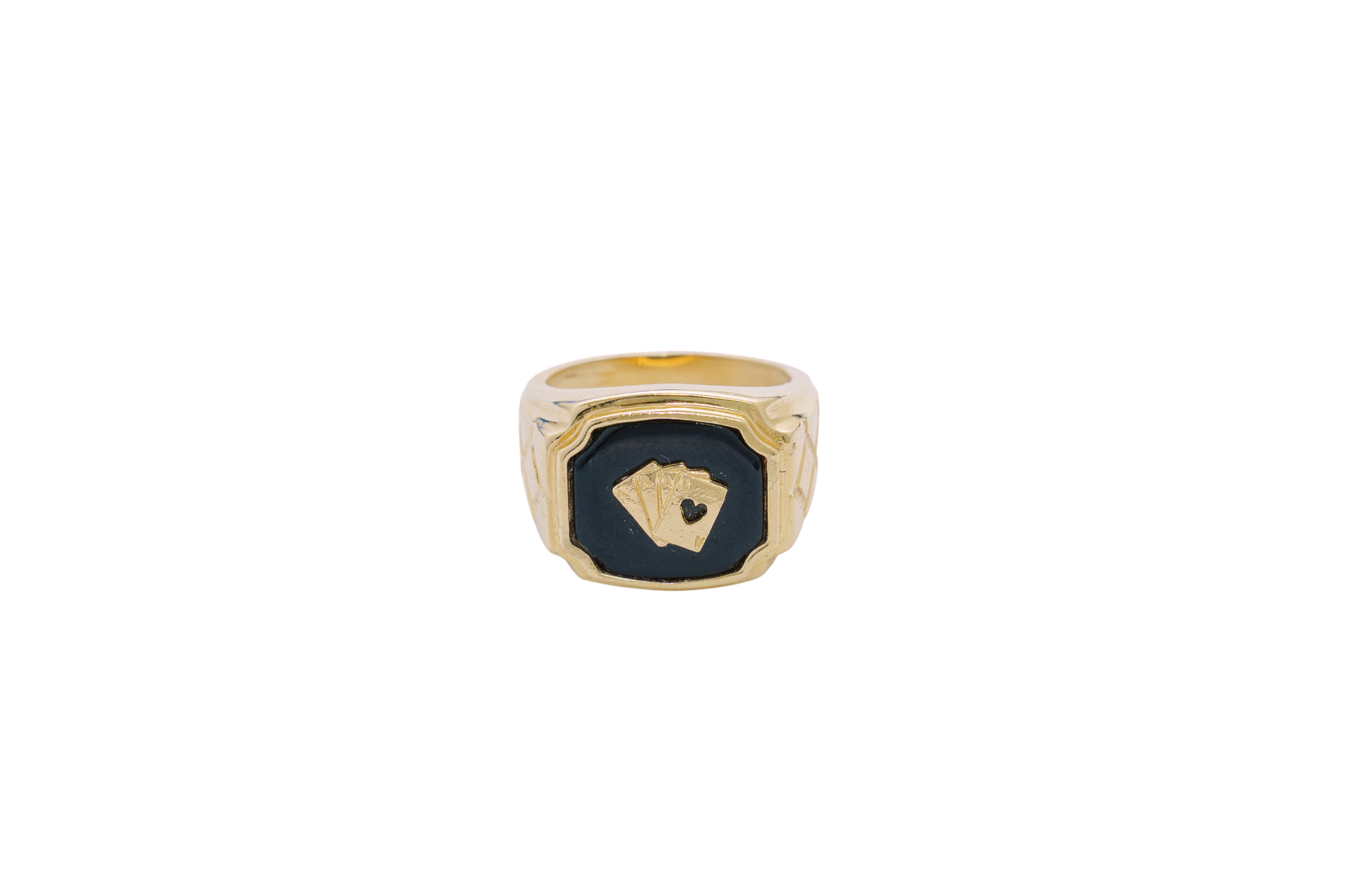 14KT Gold Ring Men's Square Onyx Four Fanned Playing Cards "Full House" Side Design Triple Stack Rhombus