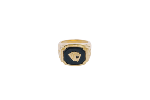 14KT Gold Ring Men's Square Onyx Four Fanned Playing Cards "Full House" Side Design Triple Stack Rhombus