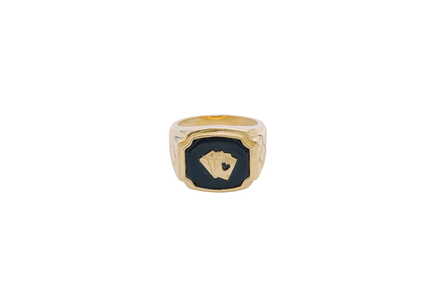 14KT Gold Ring Men's Square Onyx Four Fanned Playing Cards "Full House" Side Design Triple Stack Rhombus