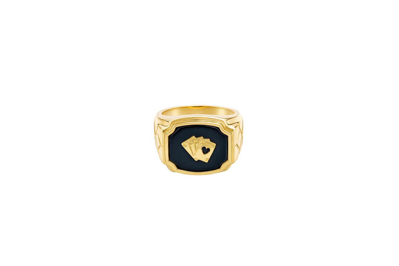 14KT Gold Ring Men's Onyx Square with Playing Cards Center Side Design Triple Stack Rhombus